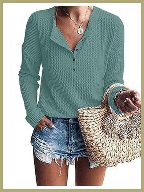 Women's Long Sleeve Waffle Knit Henley Tunic Top Button Down Loose Fit